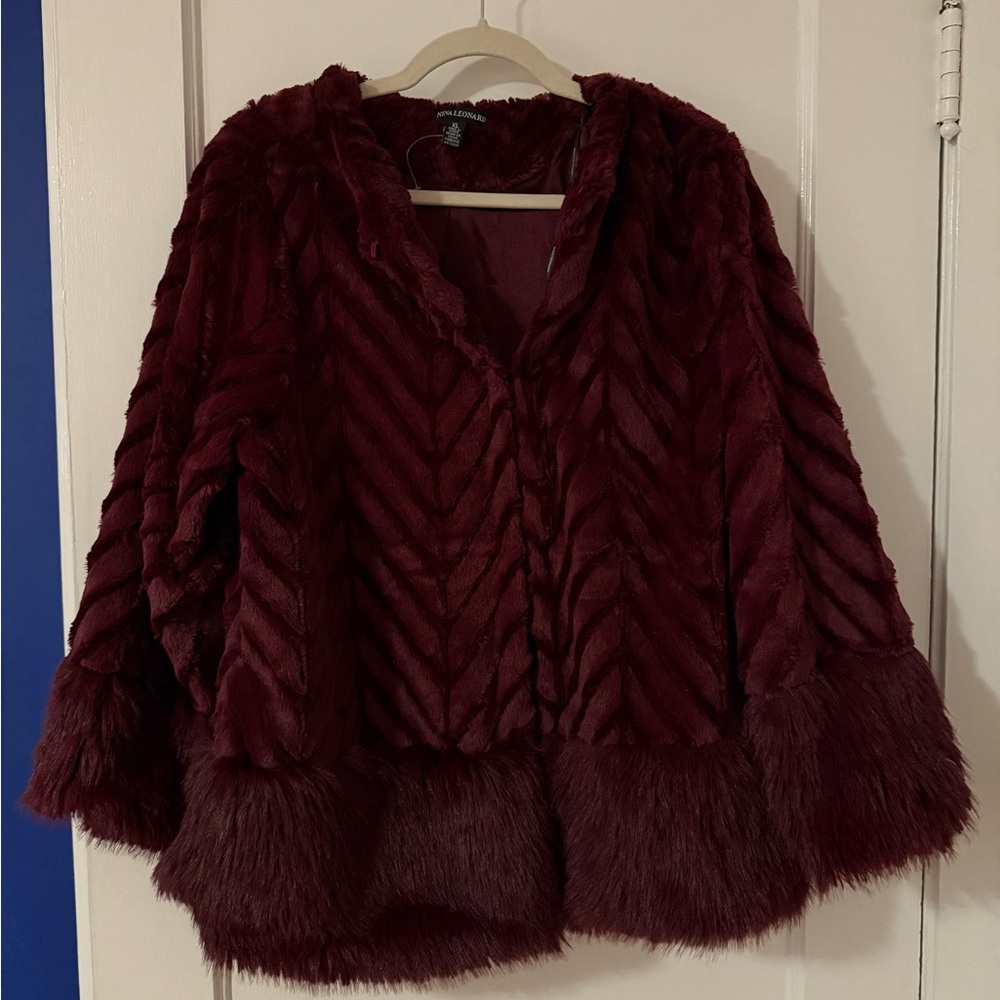 Nina Leonard Burgundy Faux Fur Jacket